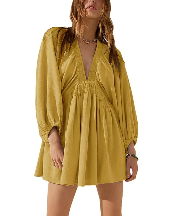 Tiko Miko Women's Sexy Long Sleeve V Neck Tunic Dress Casual Loose Flowy Mini Swing Shift Dresses | Amazon (US)