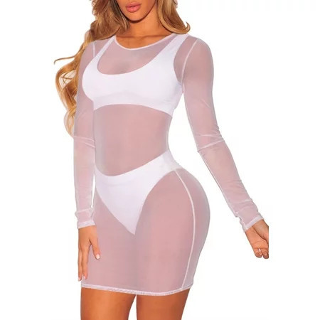 Pink Queen Women s Sheer Mesh Long Sleeve Beach Cover Up Dress White M | Walmart (US)