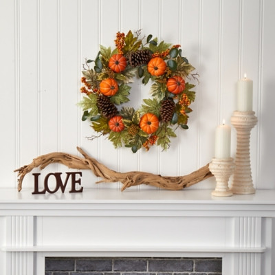 Harvest 24" Pumpkins, Pine Cones and Berries Fall Artificial Wreath | Ashley | Ashley