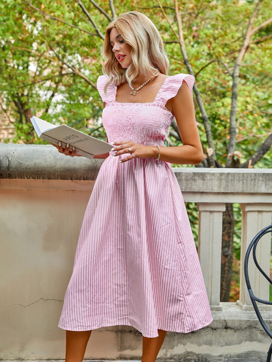 HomeWomen ClothingWomen DressesVertical Striped Ruffle Sleeve Shirred Dress | SHEIN