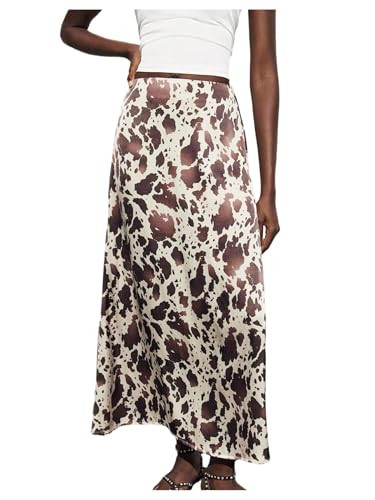 MakeMeChic Women's Cow Print Satin Maxi Skirt A Line Flared Long Skirts Brown Small | Amazon (US)