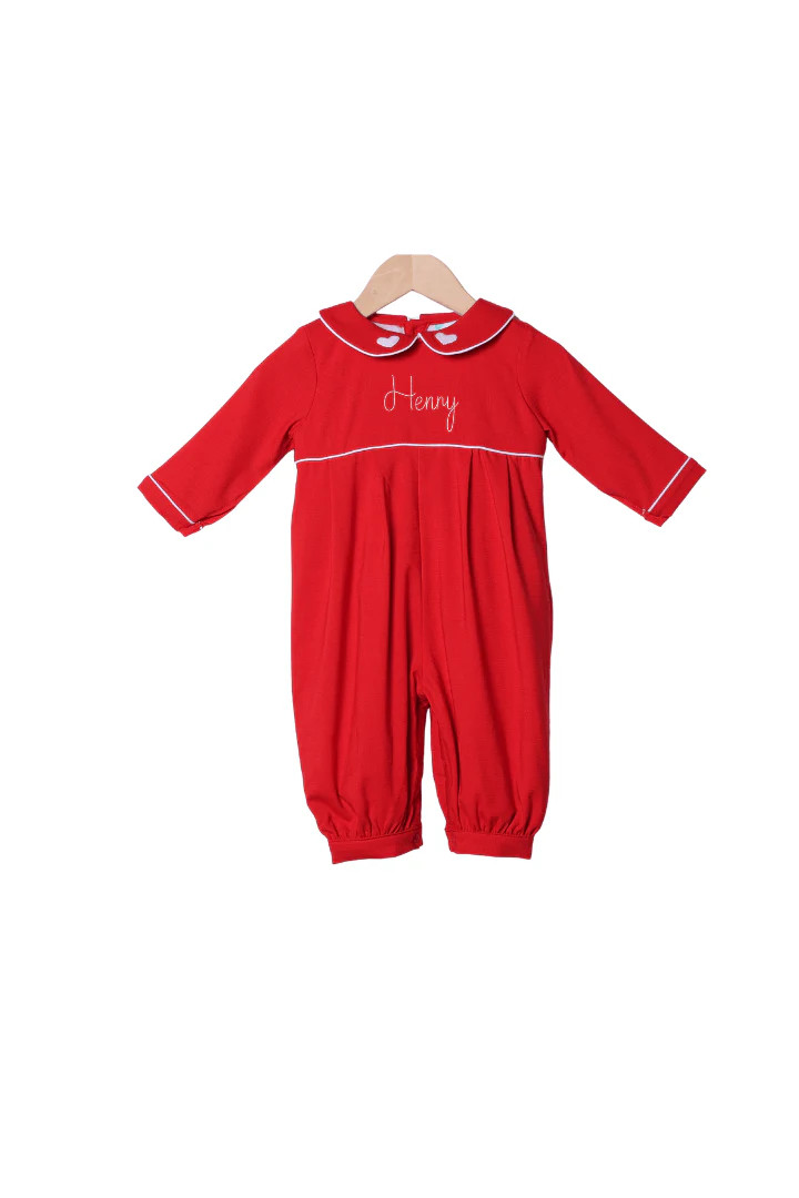 Embroidered Heart Red Linen Romper | The Smocked Flamingo