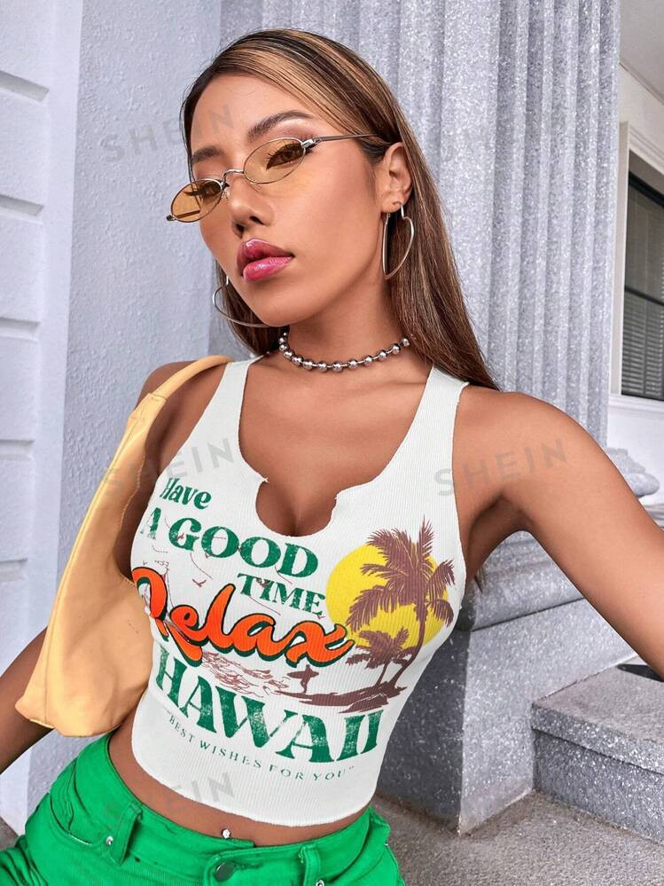 SHEIN EZwear Palm Tree & Slogan Graphic Notched Neck Tank Top Have A GOOD TIME Relax HAWAII BEST ... | SHEIN