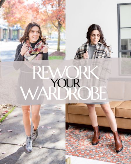 REWORK Your WARDROBE: sweater dress style: 
• ditch the belt unless dress is oversized 
• lug boot for printed boot
• plaid shacket for infinity plaid scarf 

#LTKstyletip