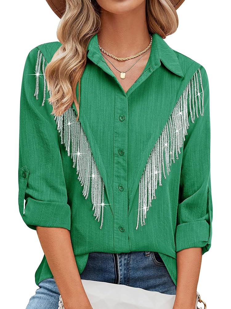 MYMORE Womens Rhinestone Fringe Button Down Shirt Rolled 3/4 Sleeve Sparkly Top Concert Nashville... | Amazon (US)