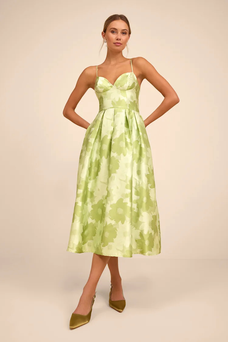 Vivinna Lime Green Floral Jacquard Pleated Midi Dress | Lulus