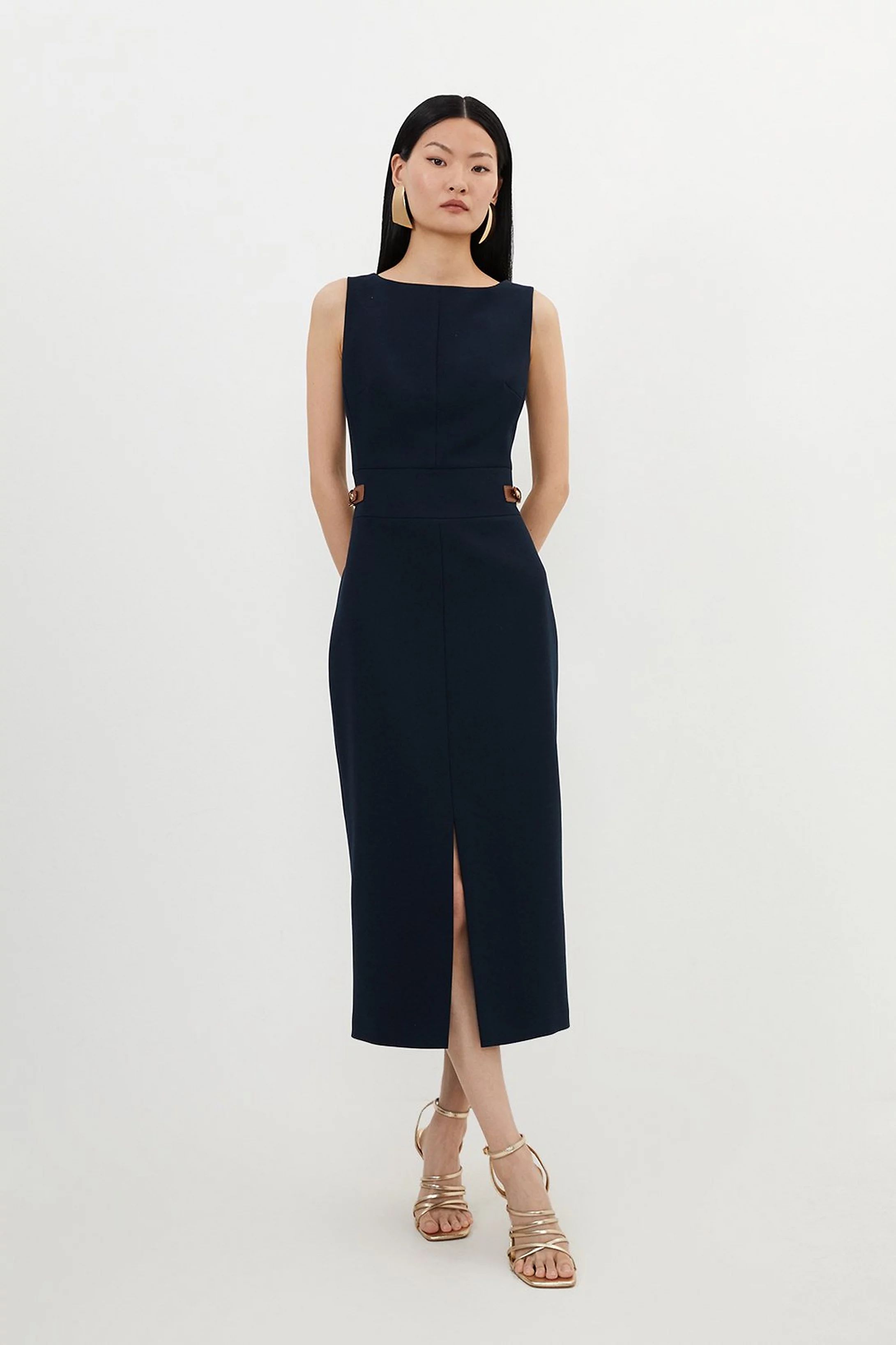 Petite Compact Stretch Tailored Pu Tab Detail Midi Dress | Karen Millen UK + IE + DE + NL