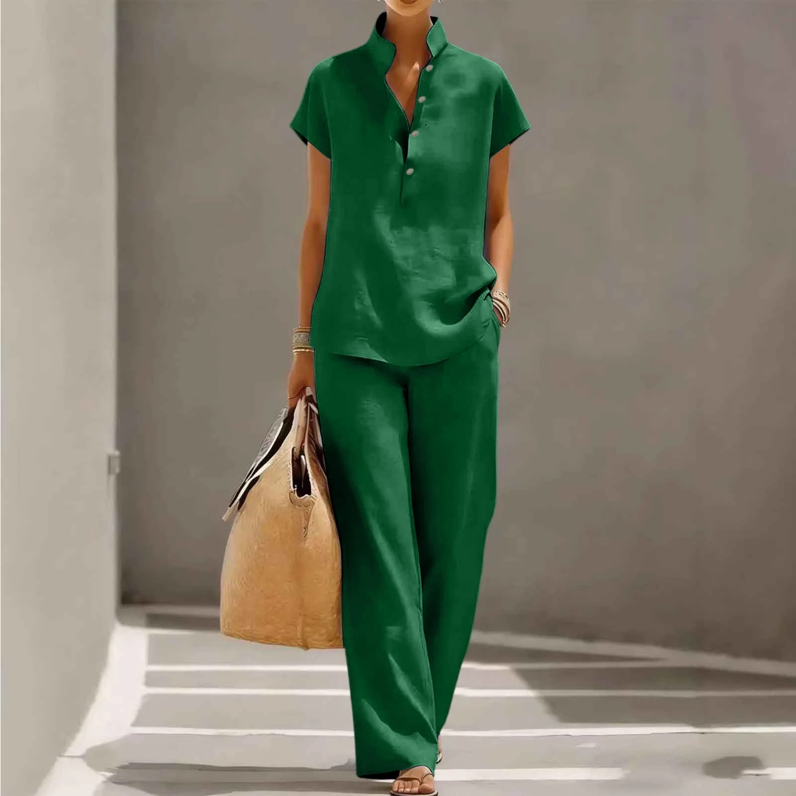 EazyTech Womens Linen Two Piece Outfit Short Sleeve Stand Collar Shirt Wide Leg Pants High Waist ... | Walmart (US)