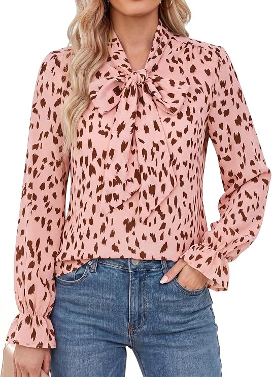 GRACE KARIN Tie Front Tops for Women Business Casual | Long Sleeve Fall Chiffon Bow Tie Neck Blou... | Amazon (US)