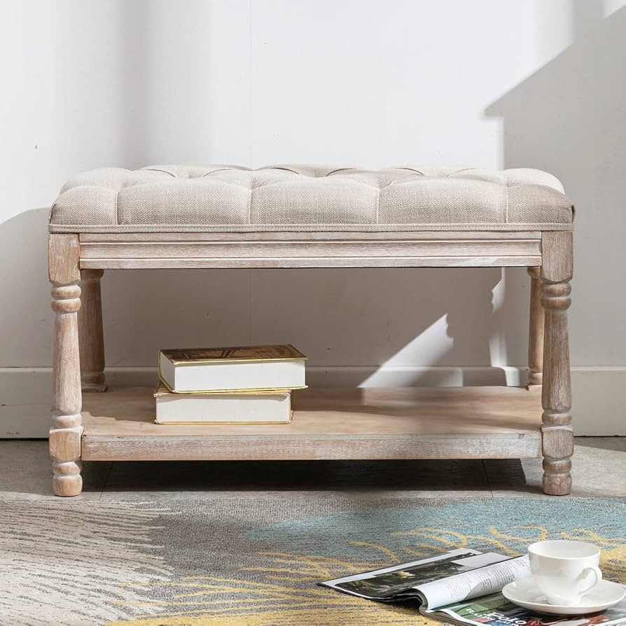 Farmhouse Storage Bench Wooden Entryway Linen Upholstered Ottoman Button Tufted Bench for Bedroom... | Amazon (US)