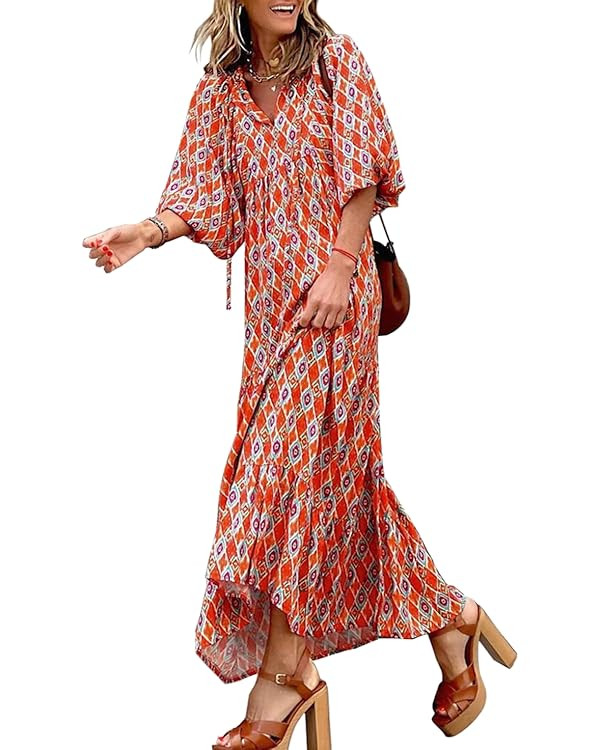 miduo Womens Loose Fit Casual Summer V Neck Half Sleeve Bohemian Geometric Pattern Maxi Long Dres... | Amazon (US)