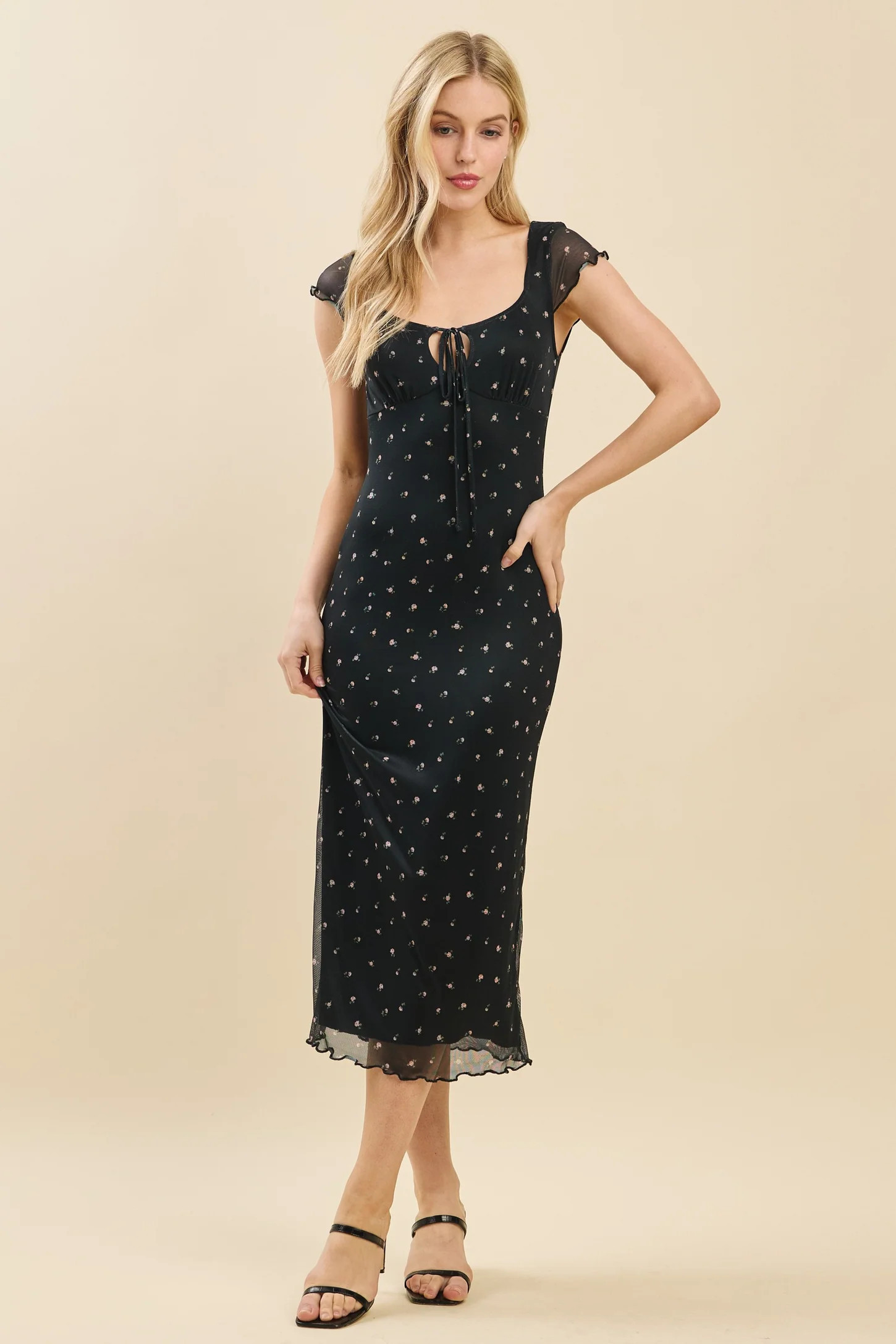 Black Floral Mesh Front Tie Cutout Midi Dress | PinkBlush Maternity