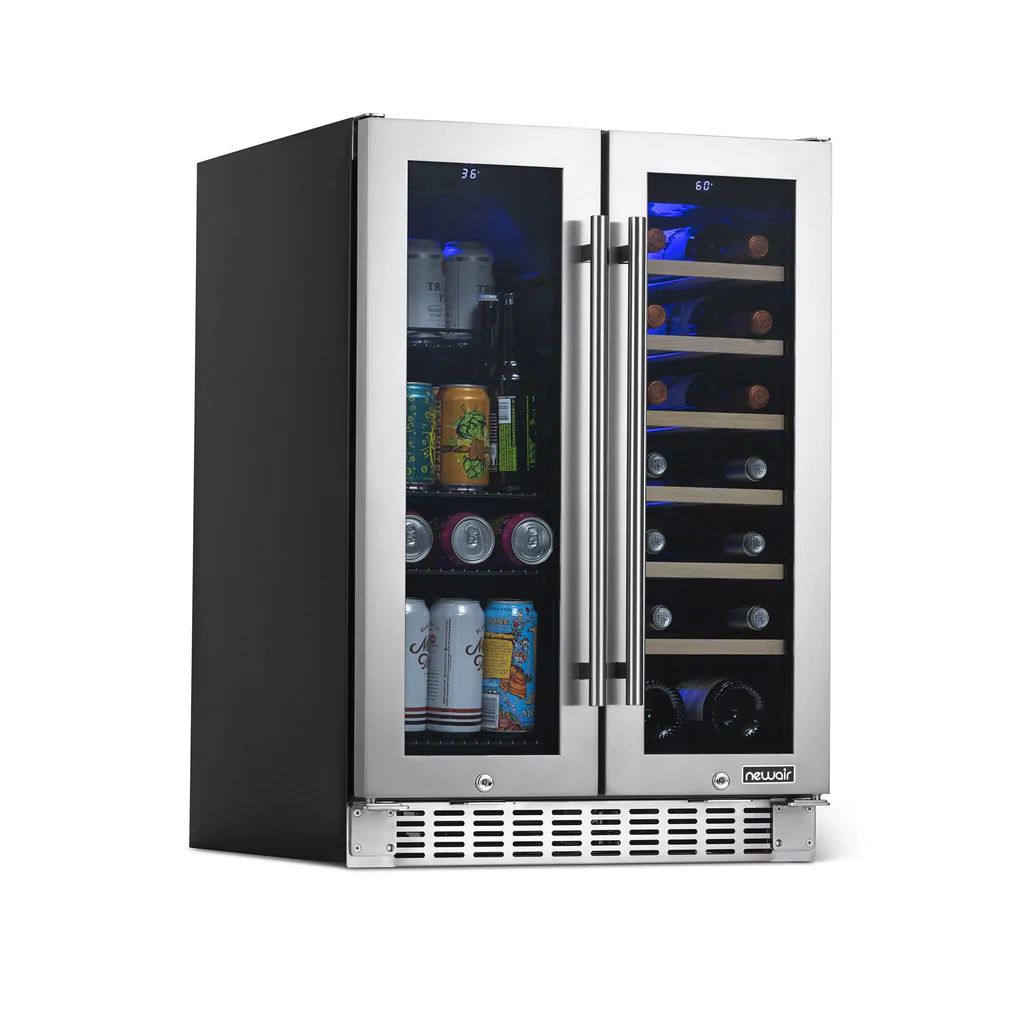 Newair 24” Premium Built-in Dual Zone 20 Bottle and 60 Can French Door Wine and Beverage Fridge... | NewAir