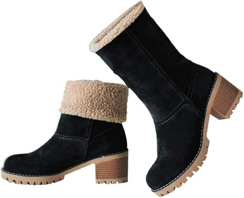 VIMISAOI Winter Boots for Women, Comfortable Slip On Mid Chunky Heel Suede Warm Snow Ankle Boots ... | Amazon (US)