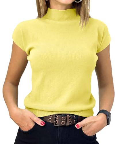 Saodimallsu Womens Short Sleeve Sweater Mock Neck Summer Casual Basic Knit Slim Fitted Pullover Tops Shirt Yellow | Amazon (US)