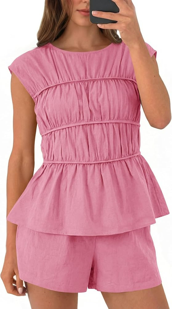 Tankaneo Womens Summer Smocked 2 Piece Short Sets Cap Sleeve Babydoll Peplum Blouse Casual Matchi... | Amazon (US)