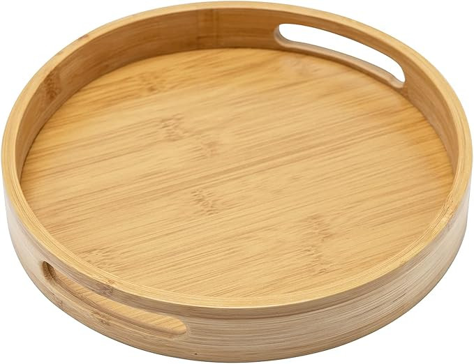 13.8 inch Bamboo Round Serving Tray, Wood Tray with Handles, Natural Wooden Tray for Ottoman, Kit... | Amazon (US)