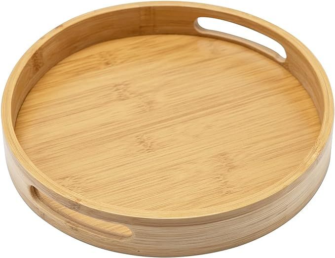 13.8 inch Bamboo Round Serving Tray, Wood Tray with Handles, Natural Wooden Tray for Ottoman, Kit... | Amazon (US)