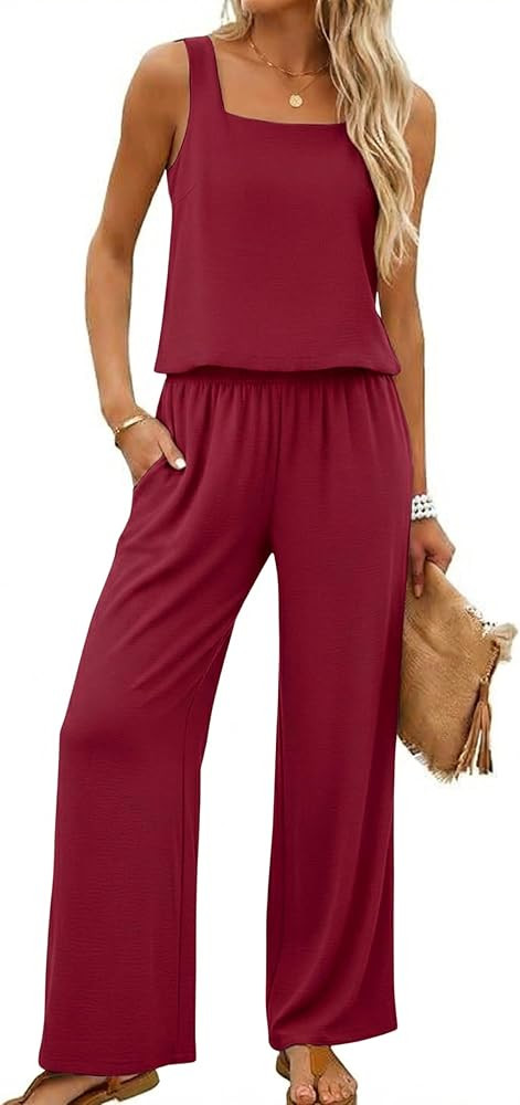 Lepunuo Women Summer 2 Piece Sets Square Neck Sleeveless Crop Tops Wide Leg Pants Matching Sets T... | Amazon (US)
