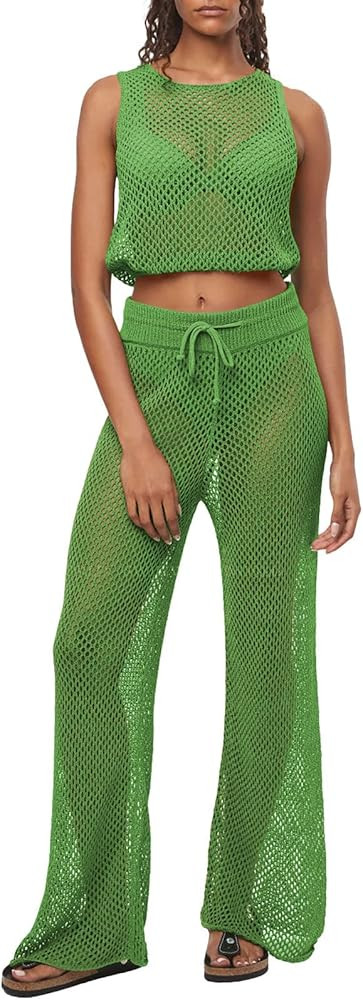 Pink Queen Women's Swimsuit Cover Up Set 2 Pieces Crochet Sleeveless Crop Top Wide Leg Long Pants... | Amazon (US)