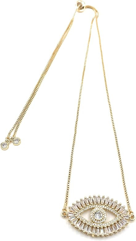 LESLIE BOULES Gold Evil Eye Necklace 18K Gold Plated Sliding Adjustable Chain Choker Jewelry | Amazon (US)