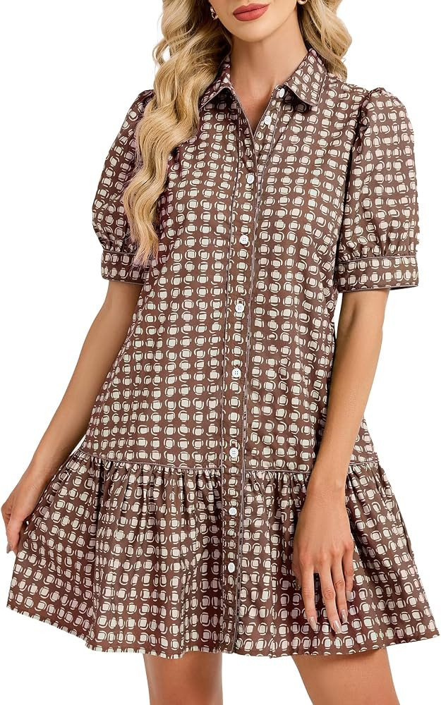 EZAPINE Gingham Babydoll Dress for Women Puff Sleeve Plaid Shirt Dresses | Amazon (US)