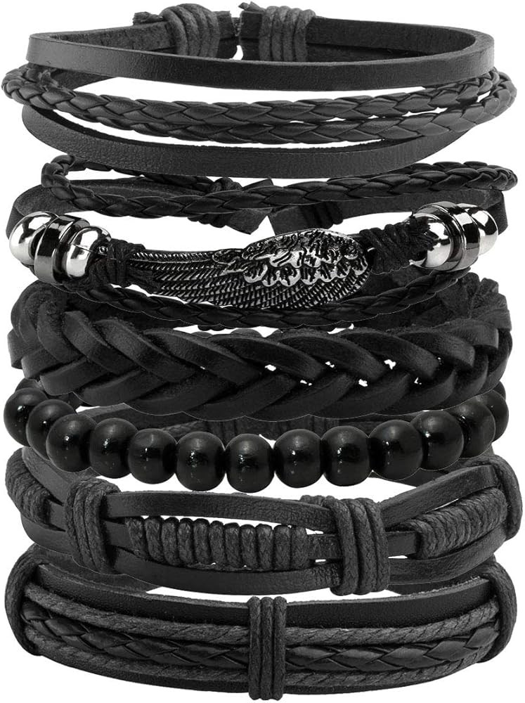 Manfnee 6PCS Braided PU Leather Bracelet Punk Cuff Wrap Bracelets for Men Women Adjustable Black | Amazon (US)