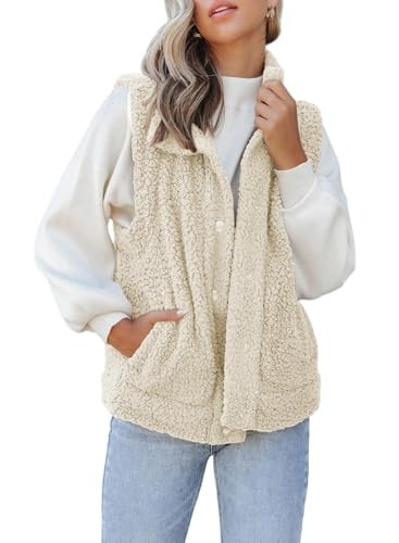 Samefar Fleece Vest for Women Fuzzy Oversized Sherpa Jacket Warm Button Down Sleeveless Cardigan Lightweight Gilet Outerwear with Pockets Apricot Large | Amazon (US)