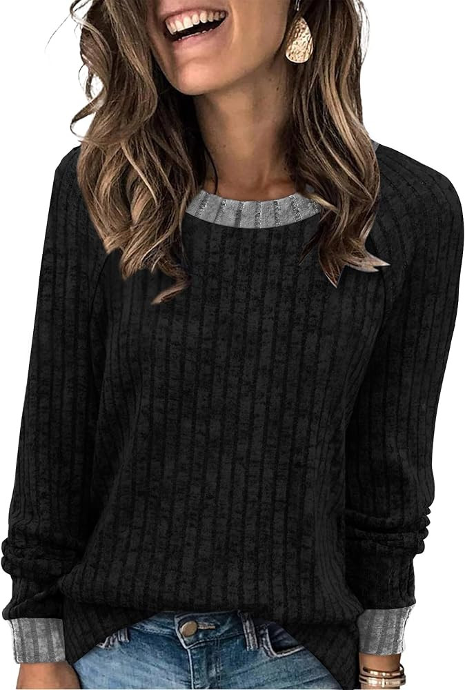 WIHOLL Long Sleeve Shirts for Women Lightweight Sweaters Fall Outfits 2026 Color Block Winter Clo... | Amazon (US)