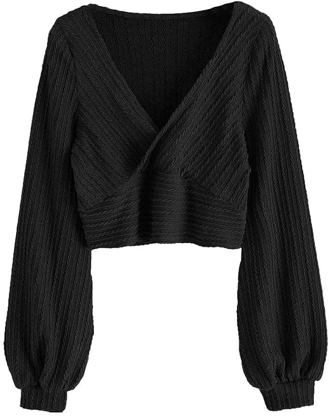 ZAFUL Women's Pullover Ribbed Cropped Knitwear Drawstring Ruched Knitted Crop Top Solid V-Neck Lo... | Amazon (US)