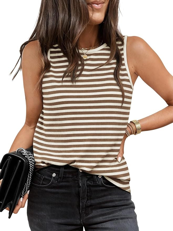 Tank Top for Women 2026 Summer High Neck Sleeveless Striped Shirt Button Hollow Back Fitted Knit ... | Amazon (US)