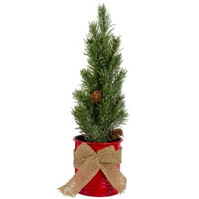 Northlight 11.75" Frosted Upswept Mini Pine Christmas Tree in Red Tin Pot - Unlit | Target