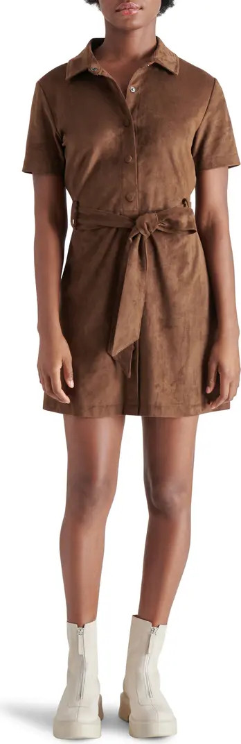 Steve Madden Jolene Faux Suede Mini Shirtdress in Olive Night at Nordstrom, Size Medium | Nordstrom