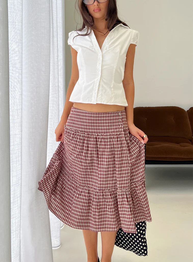 Cascades Low Rise Midi Skirt Red Check | Princess Polly US