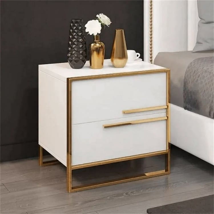 Minimalist Design Nightstand with 2 Drawers with Gold Base | Homary