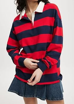 Women Long Sleeve Striped Polo Shirt Oversized Collar Y2k Pullover T Shirt Casual Loose Streetwea... | Amazon (US)
