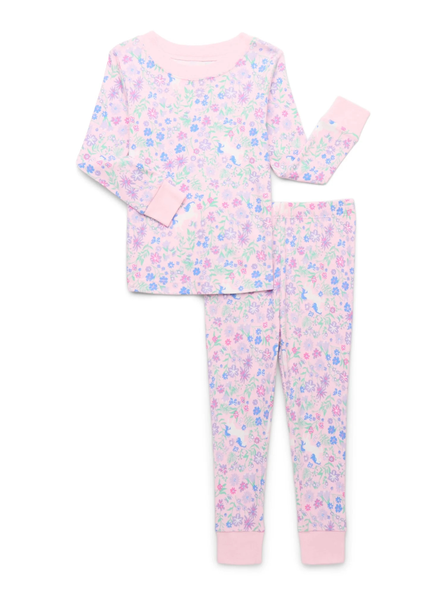 Wonder Nation Toddler Cotton Long Sleeve Sleep Tee and Pants Pajama Set, 2-Piece, Sizes 12M-5T - ... | Walmart (US)
