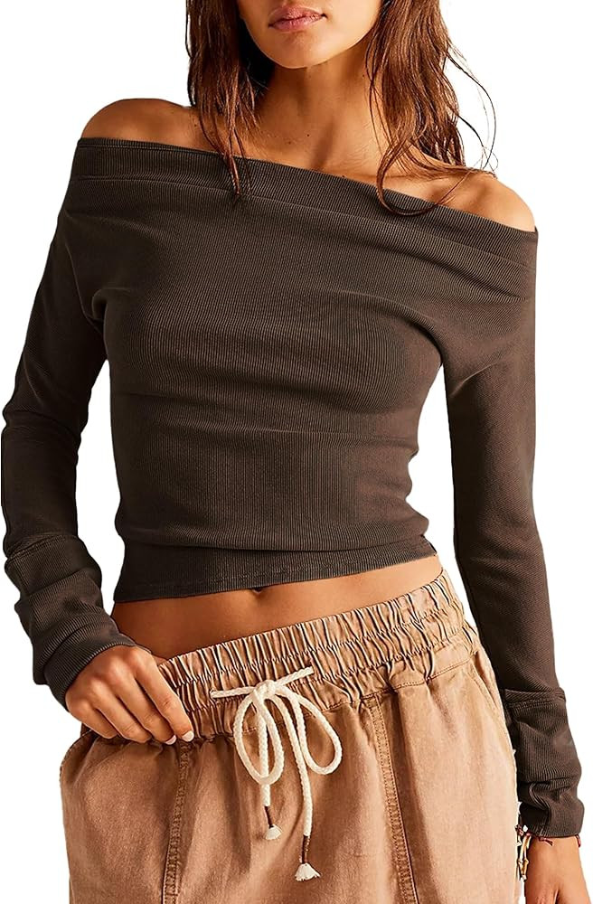 Womens Off The Shoulder Tops Long Sleeve Shirts Sexy Boat Neck Slim Fit Fall Winter Pullover Blou... | Amazon (US)