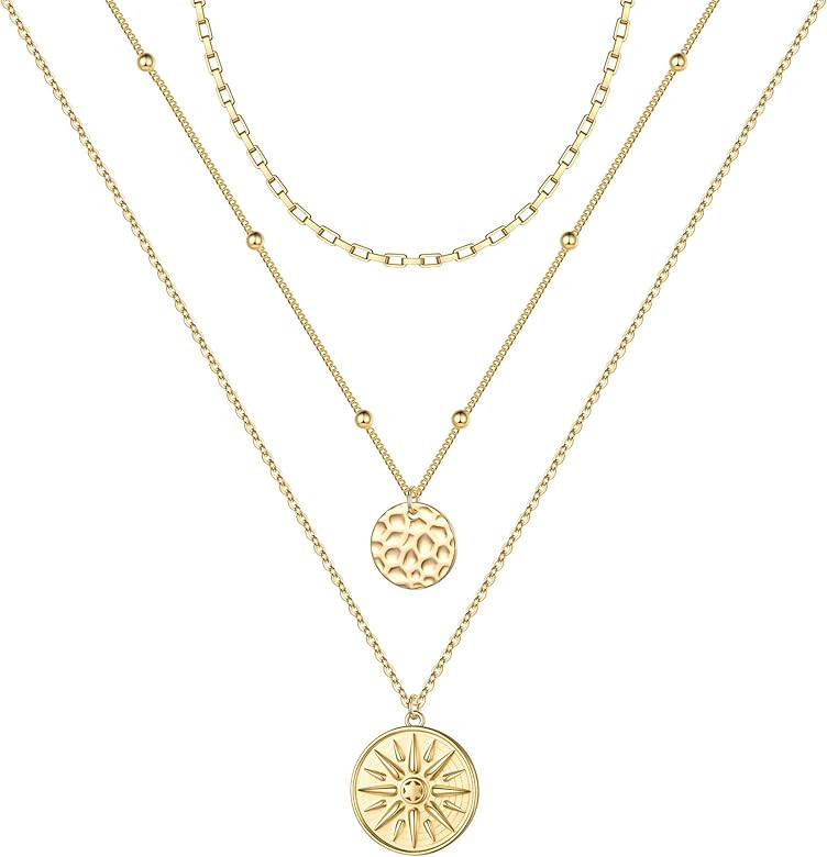 Gold Layered Necklaces for Women - 14K Gold Plated Handmade Multilayer Bar Pearls Coin Disc Moon ... | Amazon (US)