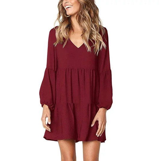 Women's Long Sleeve Tunic Dress V Neck Casual Loose Fall ...