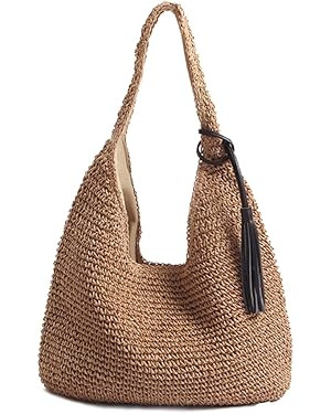 Hand-woven Soft Large Straw Shoulder Bag with Black Tassels Boho Straw Handle Tote Retro Summer B... | Amazon (US)