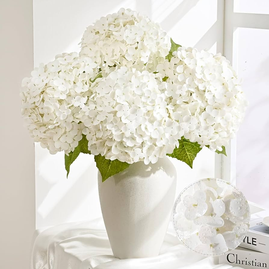 Livole 3 Pcs White Hydrangea Artificial Flowers Latex Real Touch Hydrangea, 21 inch 252 Petals Fa... | Amazon (US)