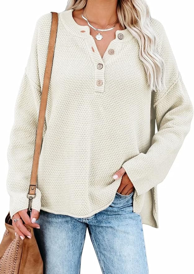 BLENCOT Women Button Neck Sweater Long Sleeve Chunky Oversized Fall Tunic Sweaters | Amazon (US)