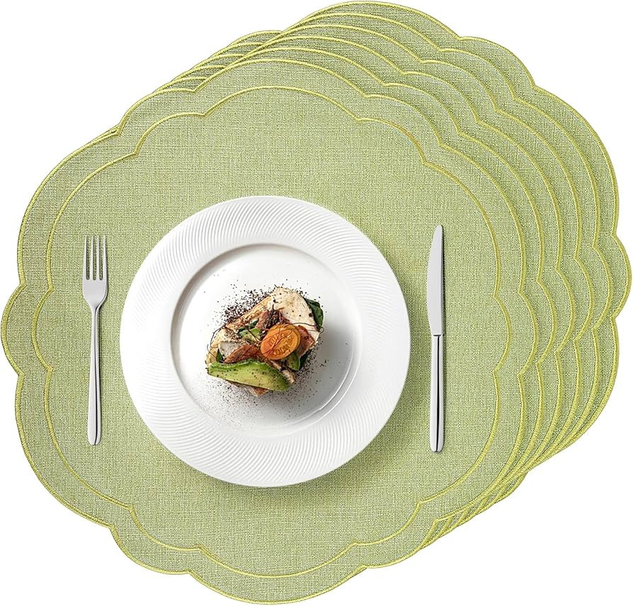 Set of 6 Green Cotton Linen Placemats 15 Inch Embroidery Scalloped Placemats Pure Floral Table Ma... | Amazon (US)