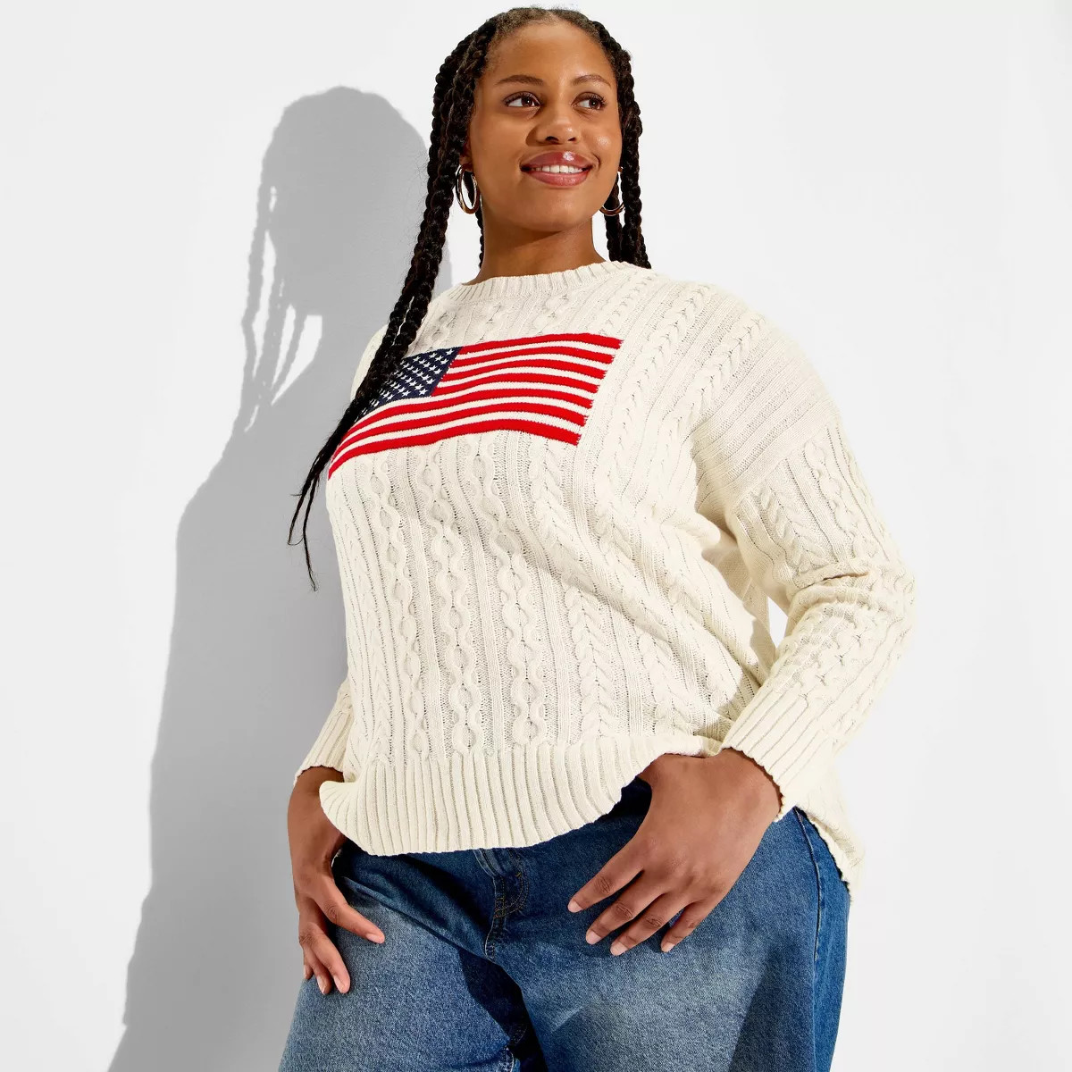 Women's Crewneck Americana Flag Pullover Sweater - Wild Fable™ Dark Off-White Flags 1X | Target