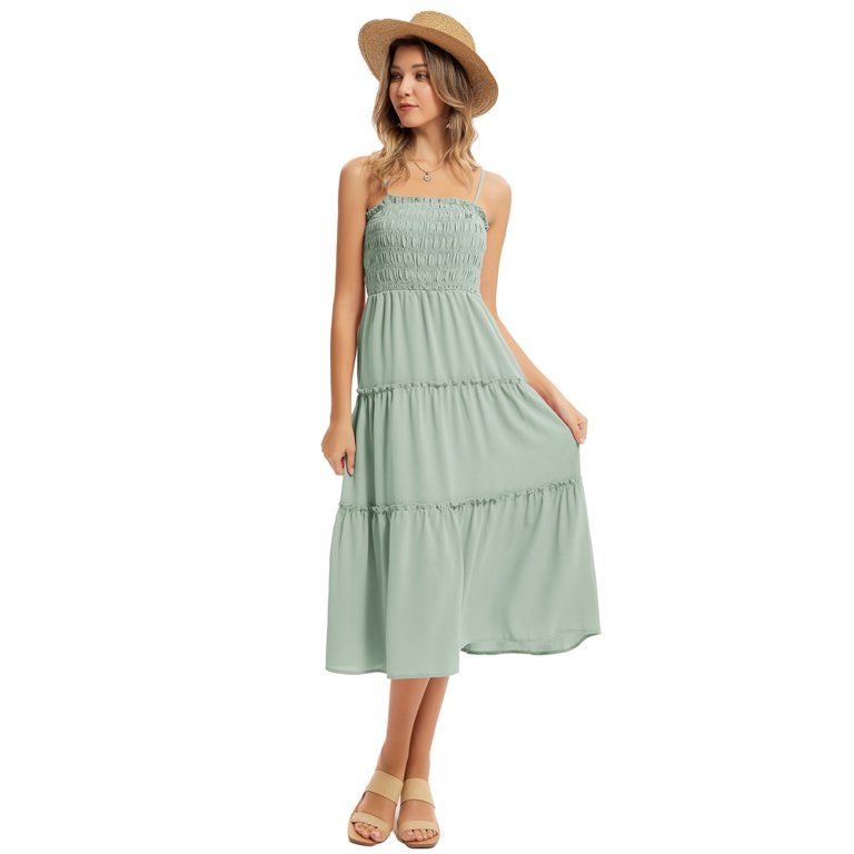 Grace Krain Women Spaghetti Strap Summer Casual Midi Swing Dress Shirred Smocked - Walmart.com | Walmart (US)