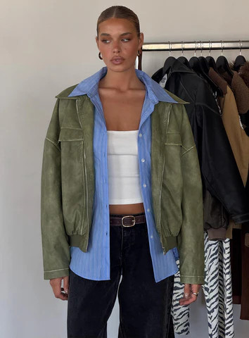 Tanza Faux Leather Jacket Washed Green | Princess Polly US