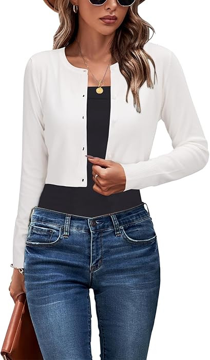 Newshows White Cardigan for Women Lightweight 2026 Long Sleeve Crew Neck Button Down Knit Bolero ... | Amazon (US)