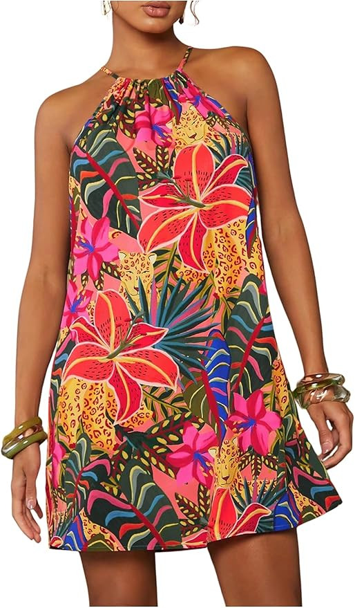 SweatyRocks Women's Tropical Print Halter Dresses Sleeveless Holiday Summer Mini Dress | Amazon (US)