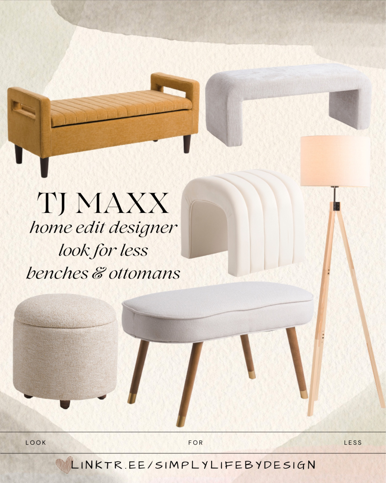 TJ Maxx home edition designer look for less. On trend velvet and curves at affordable prices  

Velvet arch ottoman
Boucle bench
Boucle storage ottoman 
Storage wing bench 
Tripod lamp
Waterfall long bench 

#LTKhome #LTKsalealert #LTKstyletip